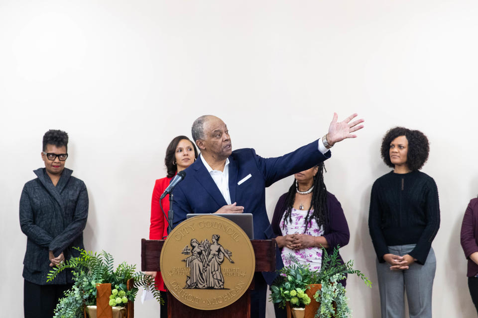 Keith Williams, co-chair of the city's reparations task force, speaks at announcement on Friday, Feb. 24, 2023 at West Side Unity Church.