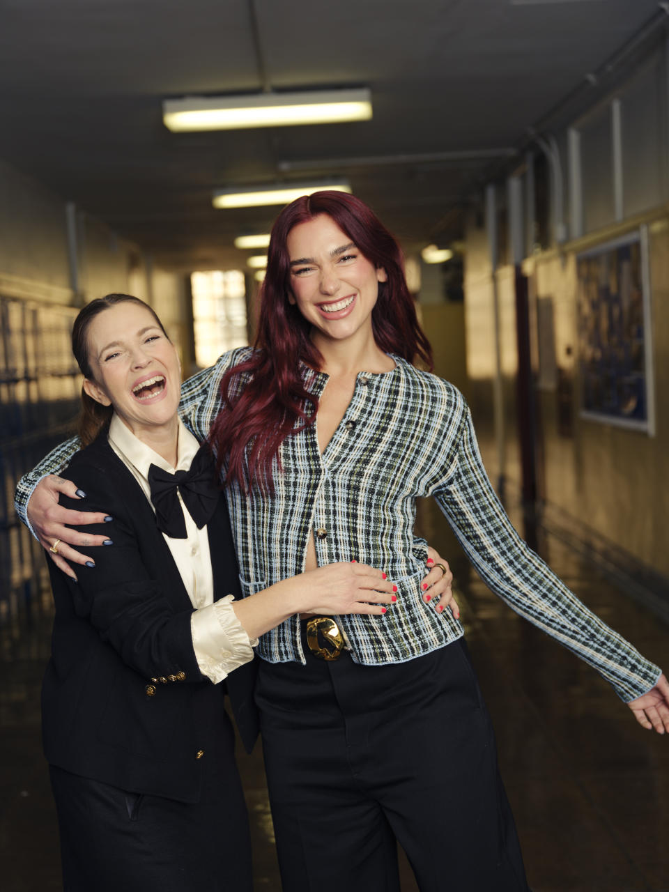 Dua Lipa, right, and Drew Barrymore pose for a portrait on Friday, April 26, 2024, in New York. (Photo by Drew Gurian/Invision/AP)