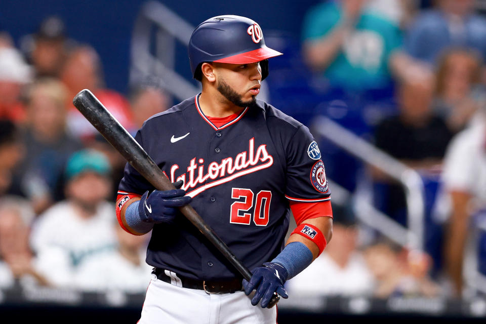 MIAMI, FLORIDA - AUGUST 25: Keibert Ruiz #20 of the Washington Nationals at bat against the Miami Marlins during the fourth inning at loanDepot park on August 25, 2023 in Miami, Florida. (Photo by Megan Briggs/Getty Images)