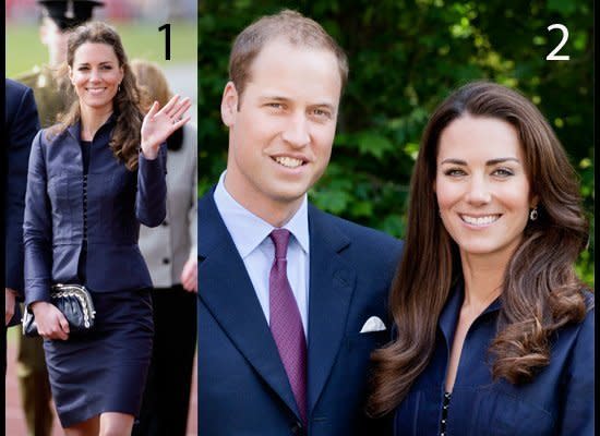 <strong>LOOK 1</strong>: Meeting with children at a soccer club in Darwen, north-west England on April 11 with a half-up hairdo.  <br>  <br><strong>LOOK 2</strong>: Posing for the official North American Tour portrait on June 3 in London with a sleek, natural-looking coif. (Getty photos)