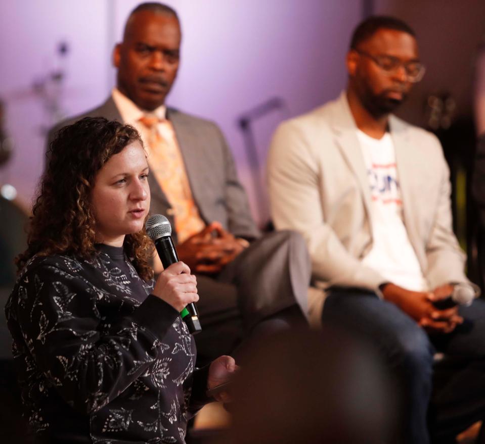 Molly Quinn, executive director of Out Memphis, asks the candidates a question about the LGBTQIA community and trans children’s healthcare at a mayoral forum at Mosaic Church Memphis on April 29, 2023 in Memphis, Tenn.