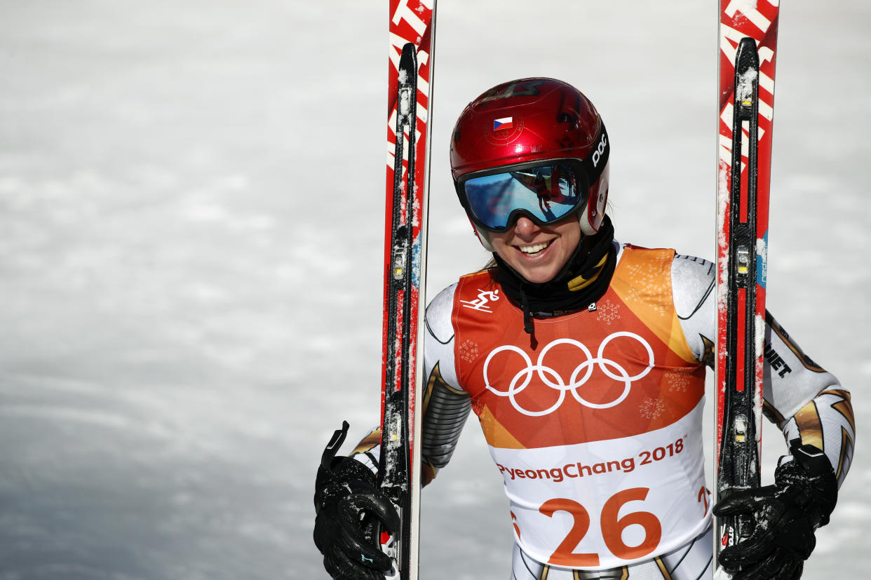 Czech Republic’s Ester Ledecka smiles after competing in the women’s Super-G at the 2018 Winter Olympics in Jeongseon, South Korea. (AP)