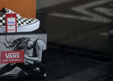 A shoe is seen in a shop window in Sao Paulo