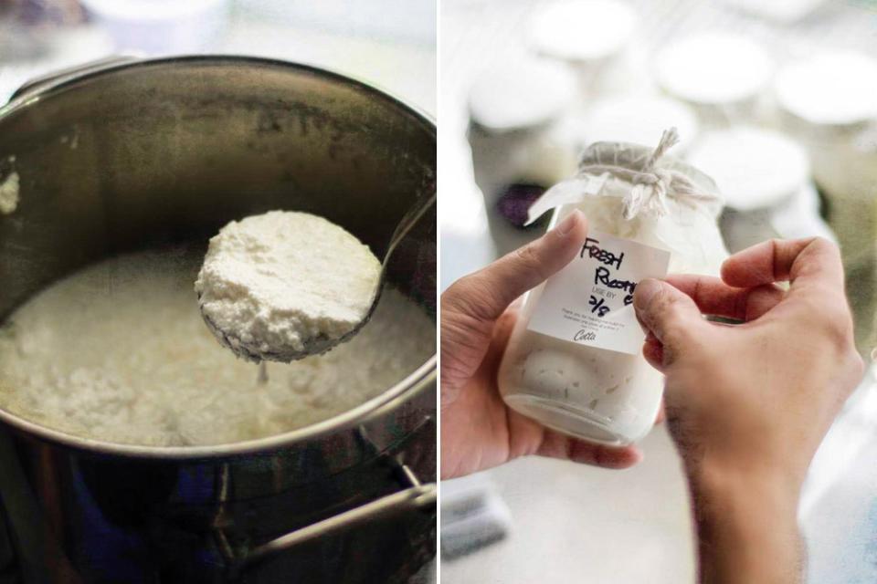 Ladling fresh ricotta into jars before labelling each one.