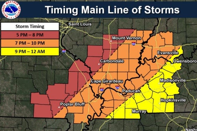 A map from the National Weather Service shows when forecasters expect storms to move through different parts of the Tri-State on April 18, 2024.