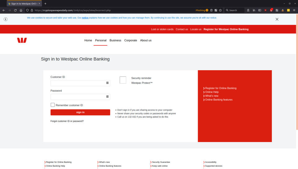 Webpage designed the look like Westpac's.