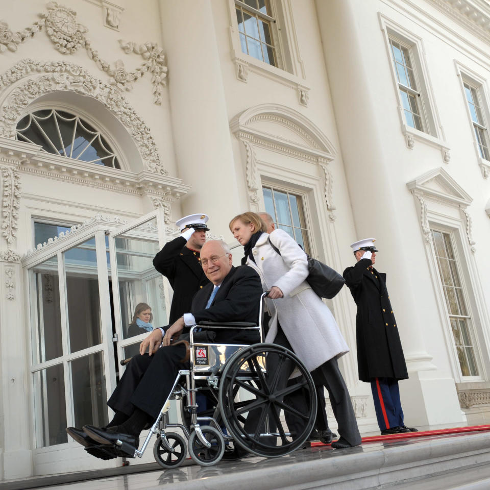 Outgoing Vice President Dick Cheney arrives in a wheelchair before his successor Joe Biden (obscured) January 20, 2009 at the White House in Washington, D.C. prior to the inauguration of Barack Obama as 44th US president. (MANDEL NGAN/AFP/Getty Images)