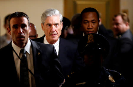 FILE PHOTO: Special Counsel Robert Mueller departs after briefing members of the U.S. Senate on his investigation into potential collusion between Russia and the Trump campaign on Capitol Hill in Washington, U.S., June 21, 2017. REUTERS/Joshua Roberts/File Photo