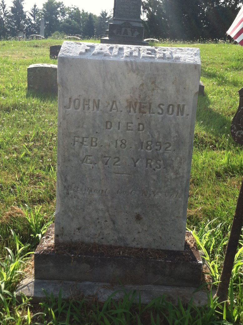 The gravestone of John A. Nelson in Washington County, New York. After arriving in the United States as a young boy in 1824, Nelson married Mary Dobbin. John A. Nelson died in 1892 at 72 years old.