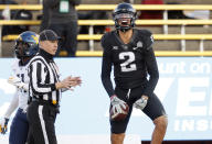 Iowa State wide receiver Sean Shaw (2) reacts after making a catch for a first down during the first half of an NCAA college football game against West Virginia, Saturday, Dec. 5, 2020, in Ames, Iowa. (AP Photo/Matthew Putney)