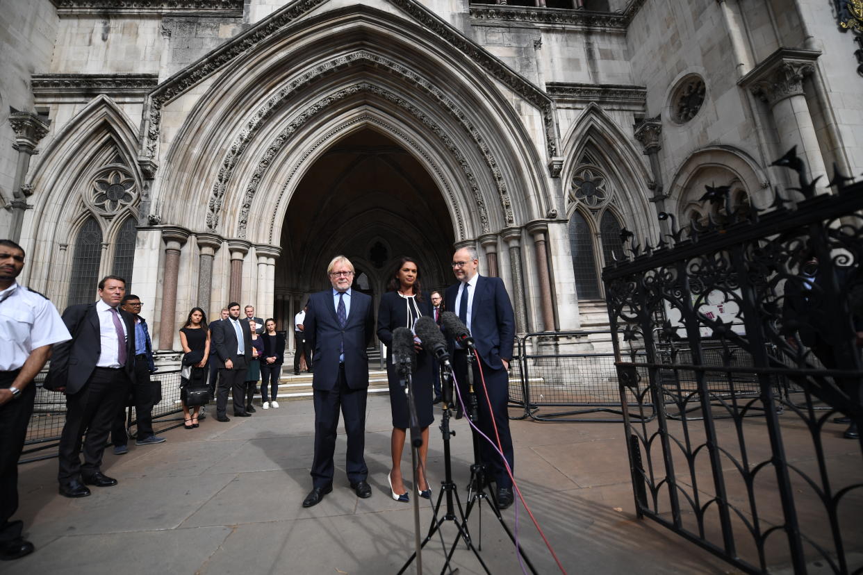 LONDON, ENGLAND - SEPTEMBER 05: Gina Miller speaks outside the Royal Courts of Justice after judges at the High Court rejected her legal challenge, but gave her permission to appeal at the Supreme Court, on September 5, 2019 in London, England. The High Court is hearing a legal challenge brought by former Conservative Prime Minister John Major and Article 50 campaigner Gina Miller challenging current Prime Minister Boris Johnson's planend prorogation of parliament. (Photo by Chris J Ratcliffe/Getty Images)