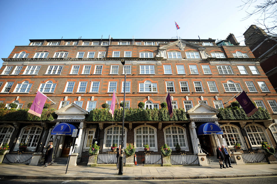 The Goring Hotel, where the fiancee of Britain's Prince William Kate Middleton will spend her last night as a single woman, is pictured in central London, on March 2, 2011. Kate Middleton will spend her last night as a single woman in the royal suite of London luxury Hotel, it was announced on April 15, 2011. Britain's Prince William, the second in line to the throne, will marry his fiancee Kate Middleton at Westminster Abbey on April 29, 2011 in London. The wedding is set to be Britain's biggest royal wedding since William's parents, Prince Charles and Lady Diana Spencer, married in 1981. April 29 has been made a public holiday throughout the kingdom. AFP PHOTO/ BEN STANSALL (Photo credit should read BEN STANSALL/AFP via Getty Images)