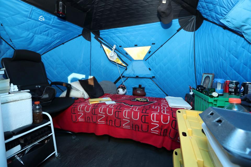 The interior of a tent inside the Hope Village community for the houseless in Louisville, Ky. on Nov. 17, 2022.  