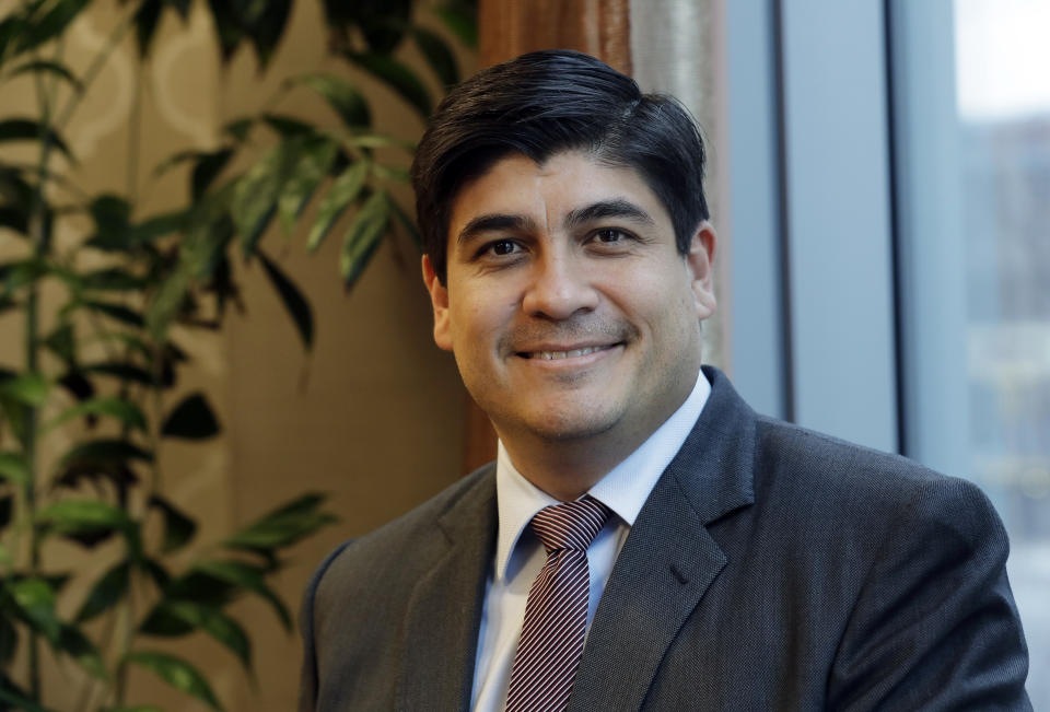 In this Monday, March 11, 2019, photo, Costa Rican president Carlos Alvarado poses for a photo before an interview with The Associated Press in Seattle. Alvarado said that Central America should not be satisfied until Nicaragua holds free elections and re-establishes a free press, democracy and human rights guarantees, and that turmoil in Nicaragua is having an impact on regional immigration and the economy. (AP Photo/Ted S. Warren)