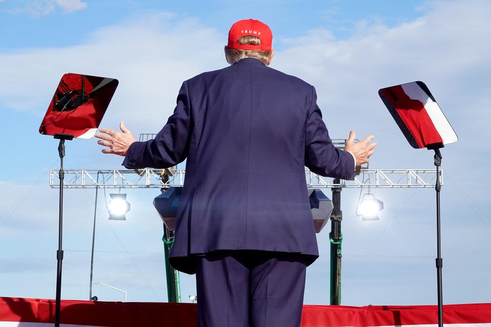 Former President Donald Trump campaigns at the Dayton International Airport on March 16, 2024, in Ohio. The state holds its Republican Senate primary on the following Tuesday.