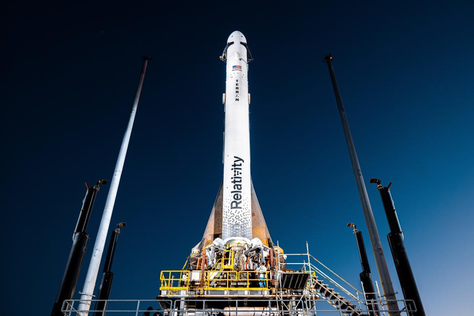 Relativity Space's first 3D printed Terran 1 rocket is seen at Cape Canaveral Space Force Station Launch Complex 16.