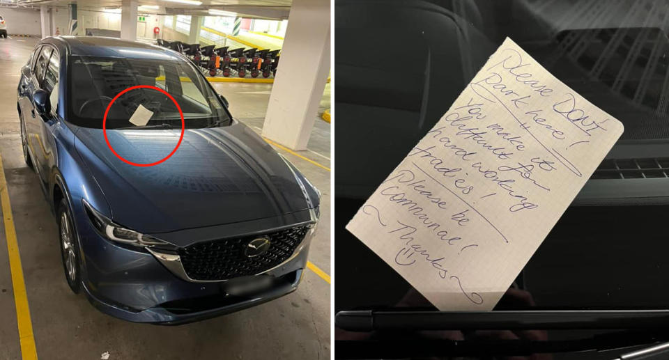 Mazda car with note on windscreen (left) close up of hand-written note (right)