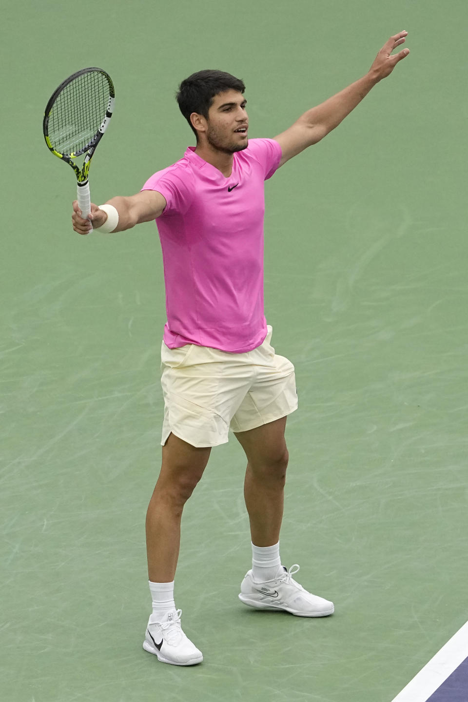 Carlos Alcaraz, of Spain, celebrates after defeating Daniil Medvedev, of Russia, during the men's singles final at the BNP Paribas Open tennis tournament Sunday, March 19, 2023, in Indian Wells, Calif. (AP Photo/Mark J. Terrill)