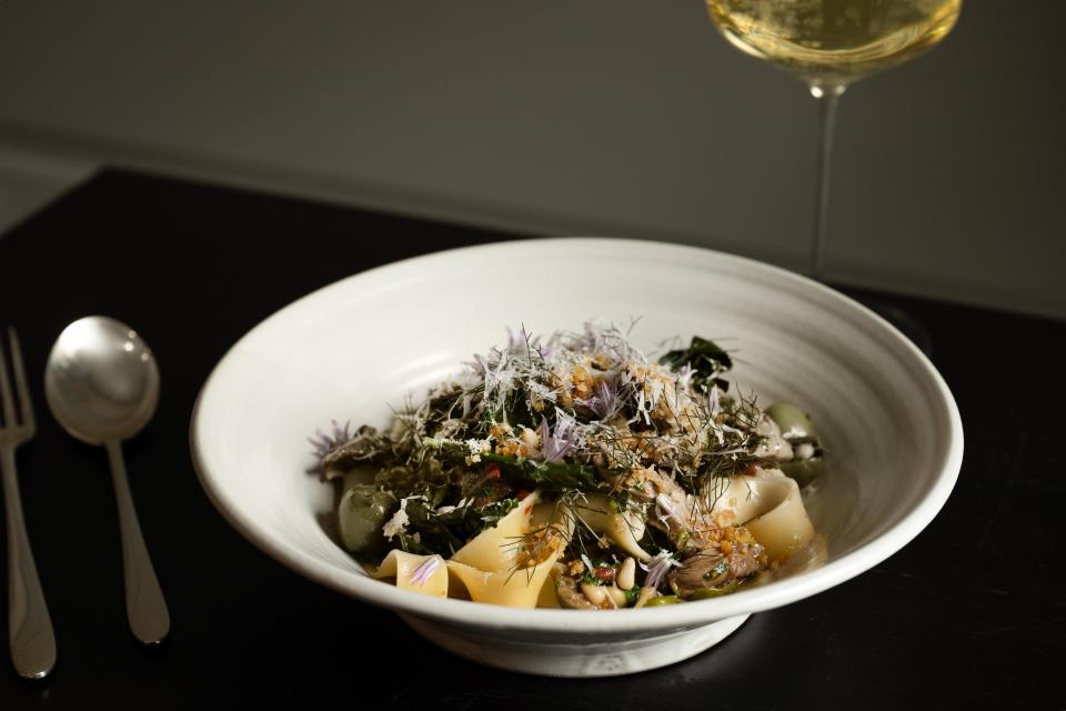 Pappardelle with ragu, Castelvetrano olives, chilies, pine nuts, and pecorino to be served at the Stockton Inn.