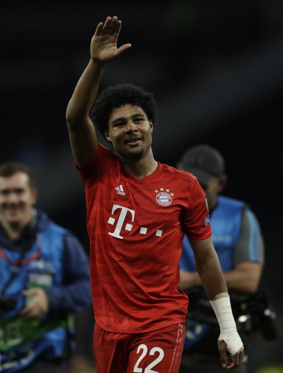 Bayern's Serge Gnabry, scorer of four goals, celebrates after the Champions League group B soccer match between Tottenham and Bayern Munich at the Tottenham Hotspur stadium in London, Tuesday, Oct. 1, 2019. Bayern won 7-2. (AP Photo/Matt Dunham)