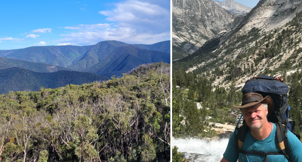 Image of hiker Andy Collins on one of his bushwalks, and left, an image shows the Blue Mountains terrain.