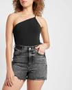 <p>These comfy <span>Express Super High Waisted Raw Hem Mom Jean Shorts</span> ($38, originally $64) look cool with a black top and flat sandals. Customers say that the denim has a little stretch, which makes them easy to sit in.</p>