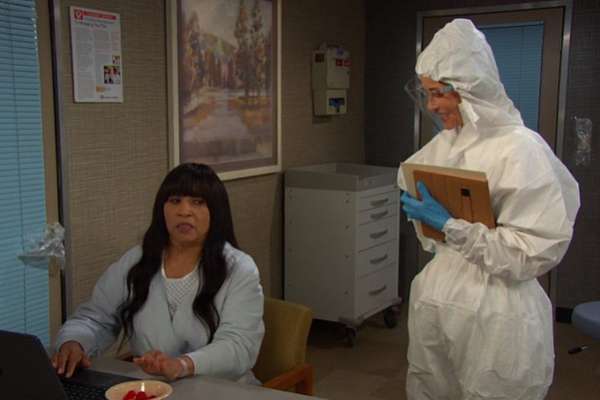 Because of Paulina’s radiation treatment, she’s in isolation and Sarah enters in full hazmat gear. She sets up a tablet so Paulina can video chat with Abe