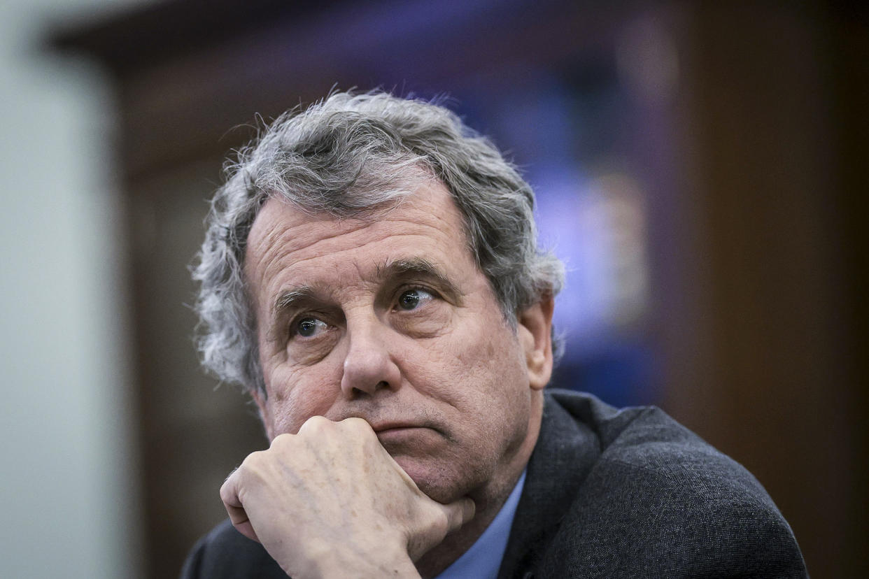 Image: Sen. Sherrod Brown, D-Ohio, testifies before the Senate Commerce, Science, and Transportation Committee on March 22, 2023. (Win McNamee / Getty Images)