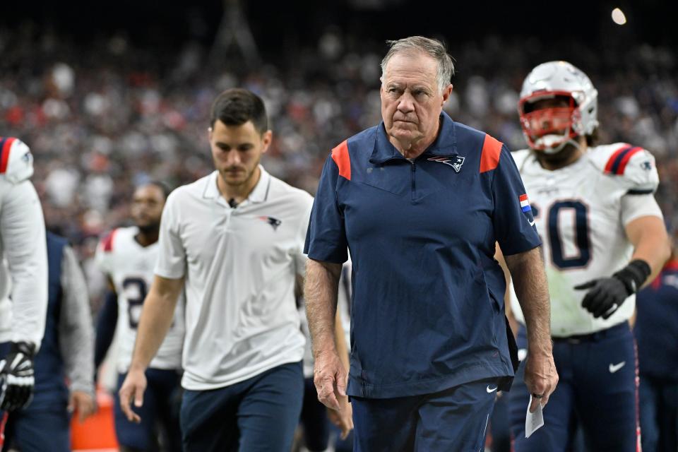 New England Patriots head coach Bill Belichick walks off the field at the end of the first half of an NFL football game against the Las Vegas Raiders, Sunday, Oct. 15, 2023, in Las Vegas.