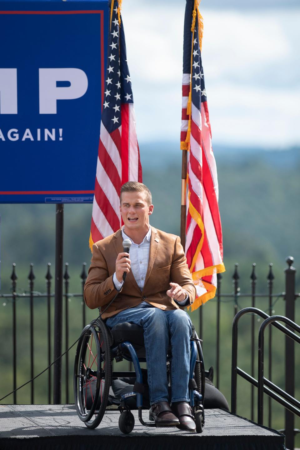 Madison Cawthorn, the Republican candidate for the NC-11 congressional seat, introduces Donald Trump, Jr. during a presidential campaign event at Point Lookout Vineyards in Hendersonville on Sept. 10, 2020.