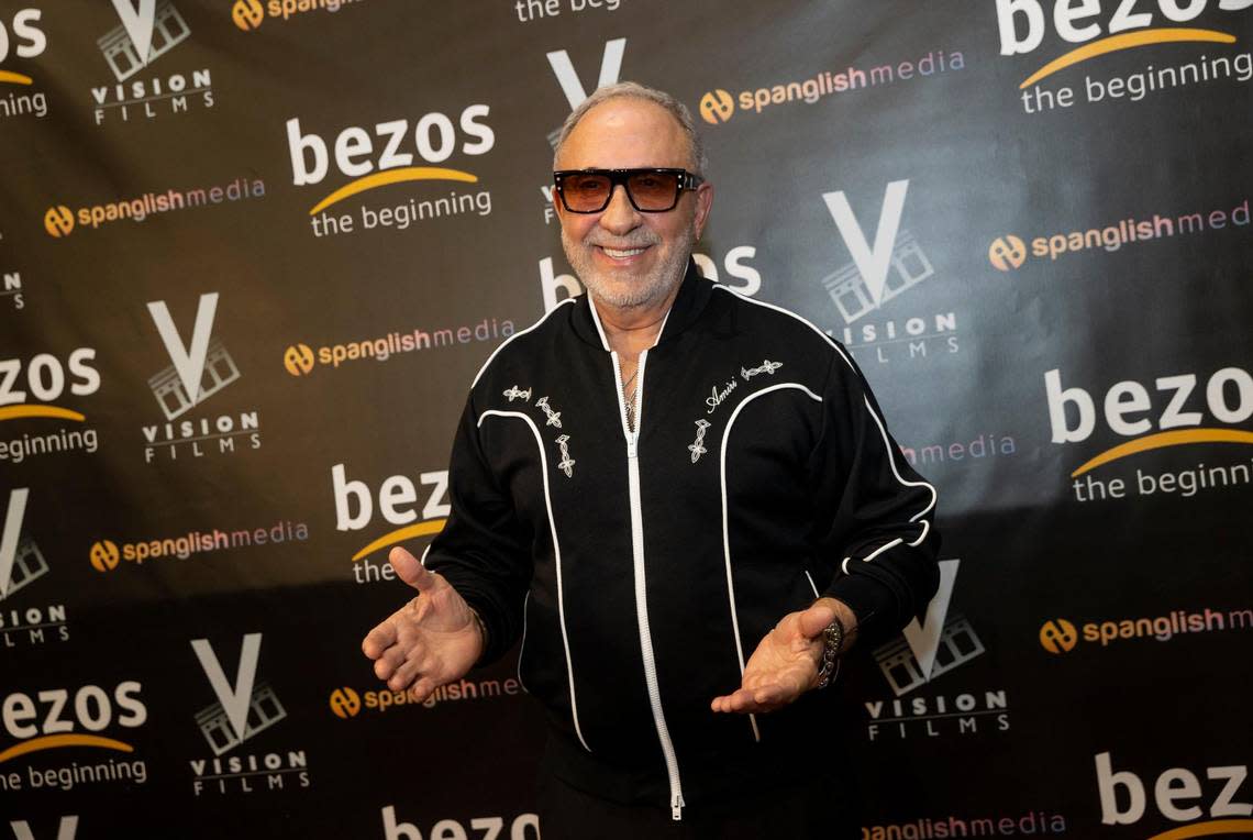 Emilio Estefan, who plays Mike Bezos in Bezos: The Beginning, attends his movie’s premiere at the University of Miami’s Bill Cosford Cinema on Monday, Jan. 23, 2023, in Coral Gables, Fla. The biopic chronicles the life of Amazon founder, Jeff Bezos.