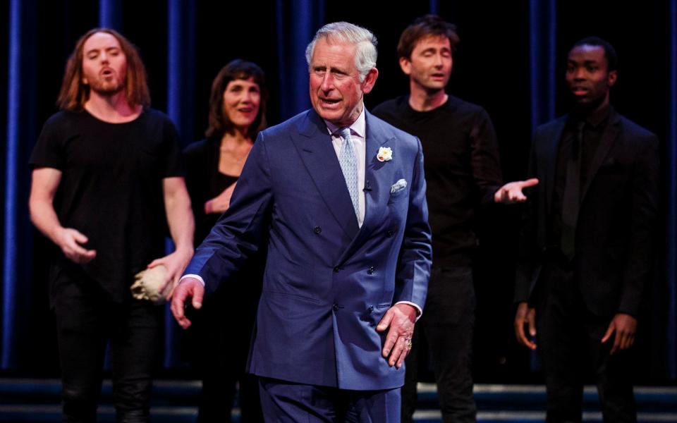 The then Prince of Wales on stage with Tim Minchin, Harriet Walter, David Tennant and Paapa Essiedu at the RSC, Stratford-upon-Avon - Tristan Fewings/Getty