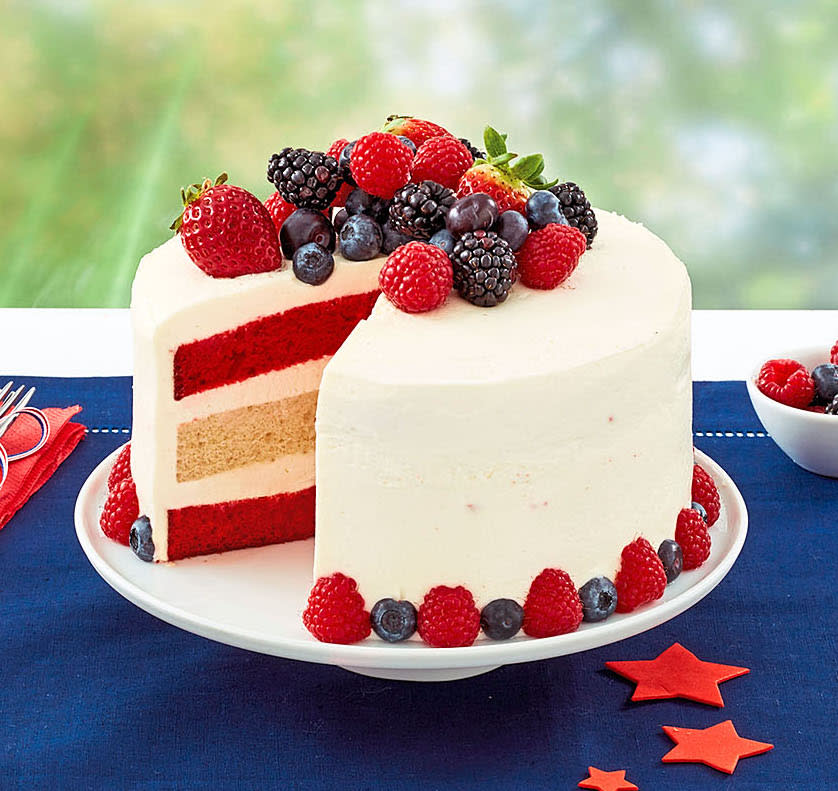 Strawberry Topped Red and White Layer Cake