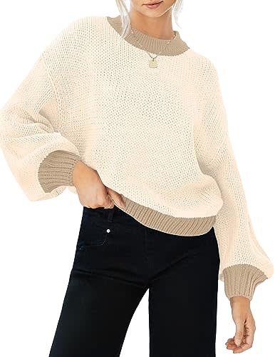 ZESICA Women's Casual Long Sleeve Crew Neck Pullover 2024 Fall Ribbed Knit Loose Contrast Color Sweater Tops,Apricot,Small