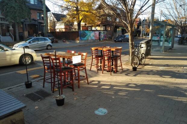 This is a mock-up of The Dizzy owner Christopher Murie's proposal for an outdoor dining space under the city's CafeTO program. His application was denied due to the placement of the planter and a nearby streetcar stop.