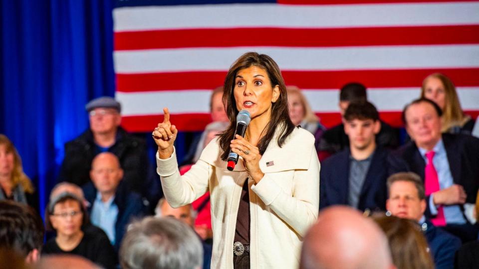 PHOTO: Former UN ambassador and 2024 Republican presidential hopeful Nikki Haley speaks at a campaign town hall event at Wentworth by the Sea Country Club in Rye, New Hampshire on January 2, 2024. (Joseph Prezioso/AFP via Getty Images)