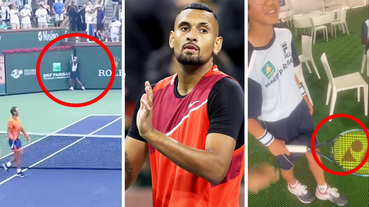 Nick Kyrgios (pictured middle) applauding the crowd (pictured left) throwing his racquet that nearly hits a ball kid and (pictured right) offering his racquet to a ball kid.