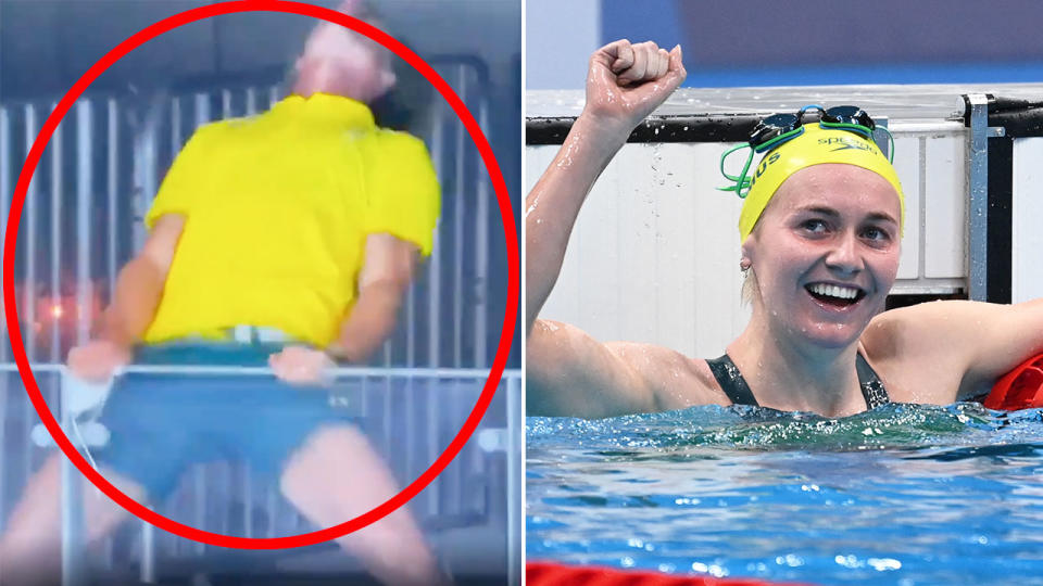 Ariarne Titmus' coach was extremely excited after her superb 400m freestyle gold medal. Pic: Ch7/Getty