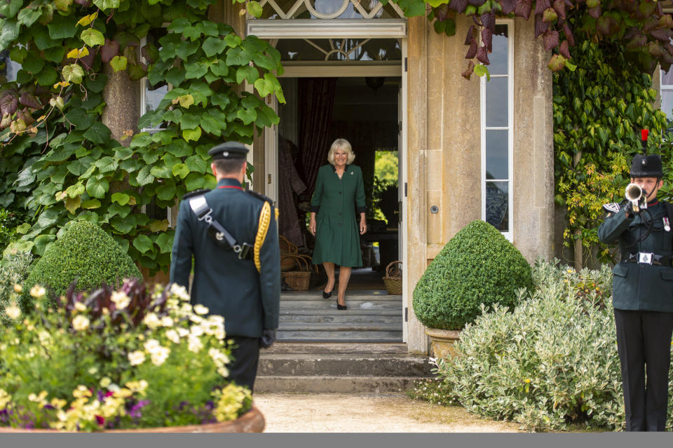 The Duchess of Cornwall at Highgrove House, during a ceremony for the transfer of the Colonel-in-Chief of the Rifles to the Duchess from the Duke of Edinburgh, who will begin the ceremony at Windsor Castle.