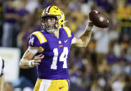 LSU quarterback Max Johnson throws a pass against Central Michigan during the second quarter of an NCAA college football game in Baton Rouge, La,. Saturday, Sept. 18, 2021. (AP Photo/Derick Hingle)