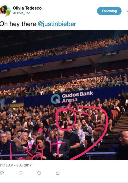 On Wednesday a fan spotted Bieber at Day 2 of the Hillsong Conference held at Qudos Bank Arena in Sydney's Olympic Park. Source: Twitter