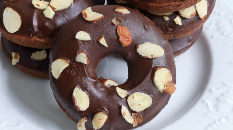 Chocolate almond donuts on plate