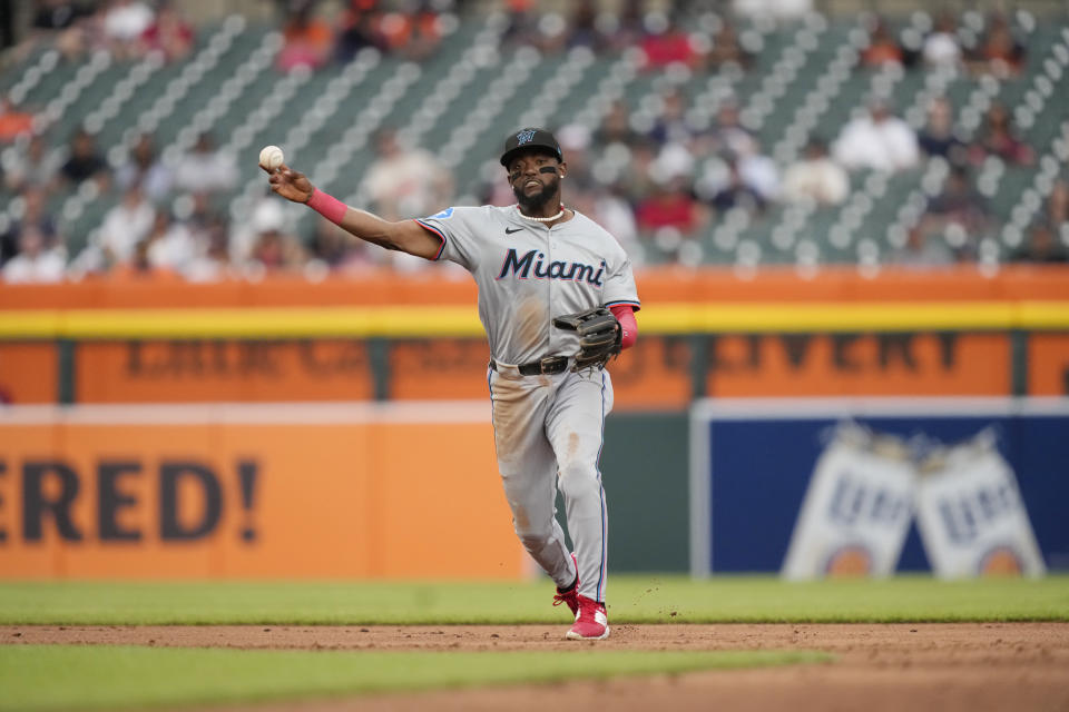 Miami Marlins shortstop Vidal Bruján throws out Detroit Tigers' Carson Kelly during the fifth inning of a baseball game, Monday, May 13, 2024, in Detroit. (AP Photo/Carlos Osorio)