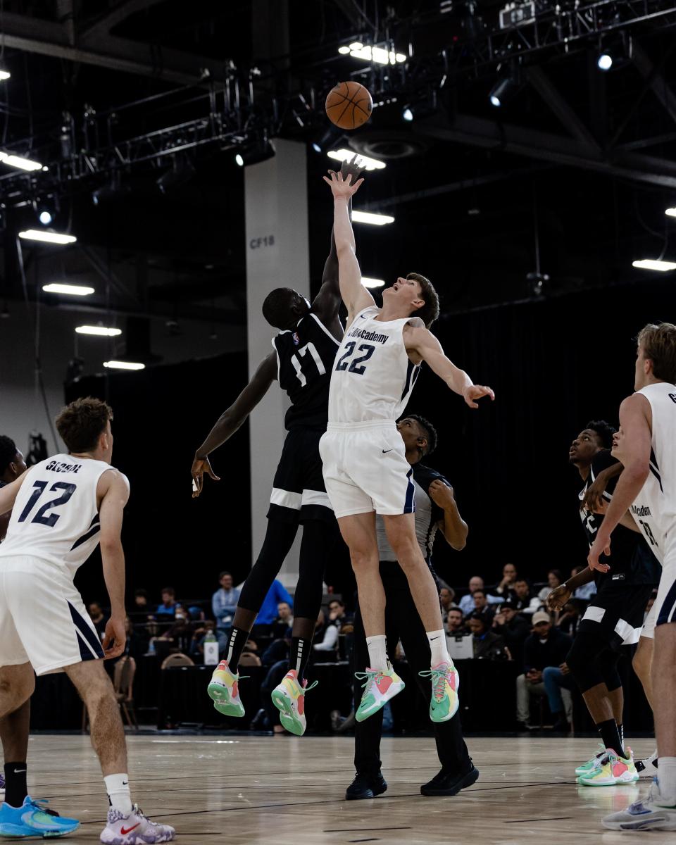 Alex Condon goes up for a jump ball in a 5-on-5 scrimmage at the Centre for Basketball Excellence in Canaberra, Australia