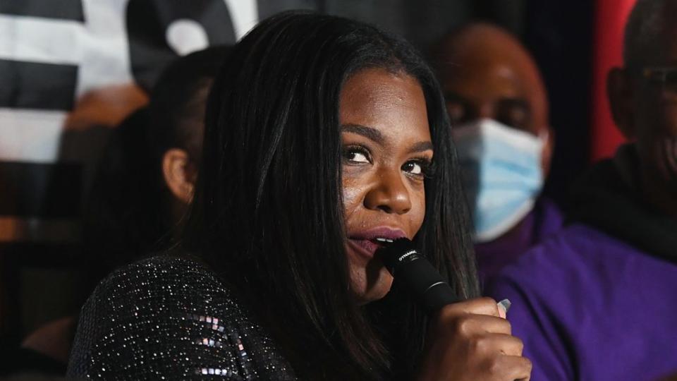 Missouri Congresswoman-elect Cori Bush expresses thanks to her friends and workers at her campaign headquarters in St. Louis. (Photo by Michael B. Thomas/Getty Images)