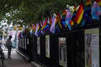 A visitor views a historical exhibit of the Gay rights movement, displayed on fencing dressed with flags affirming LGBTQ identity at the Stonewall National Monument, Wednesday, June 22, 2022, in New York. Sunday's Pride Parade wraps a month marking the anniversary of the June 28th, 1969, Stonewall uprising, sparked by a police raid on a gay bar in Manhattan and a catalyst of the modern LGBTQ movement. (AP Photo/Bebeto Matthews)