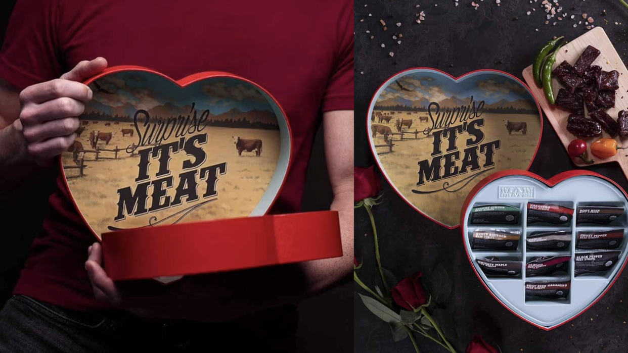 a heart shaped box with beef jerky inside
