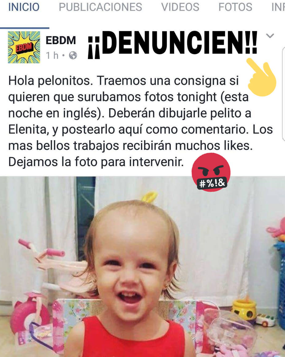 Este fue el posteo de Facebook que originó la denuncia por bullying a Elenita, de 2 años. Foto: Twitter/MarisolCalvook.