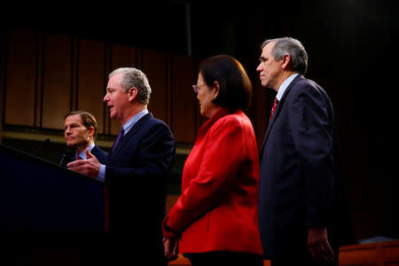 Sen. Richard Blumenthal, Sen. Christopher Van Hollen, Sen. Mazie Hirono and Sen. Jeff Merkley hold a press conference in opposition of Supreme Court nominee Neil Gorsuch on Capitol Hill in Washington, U.S., April 6, 2017. REUTERS/Eric Thayer