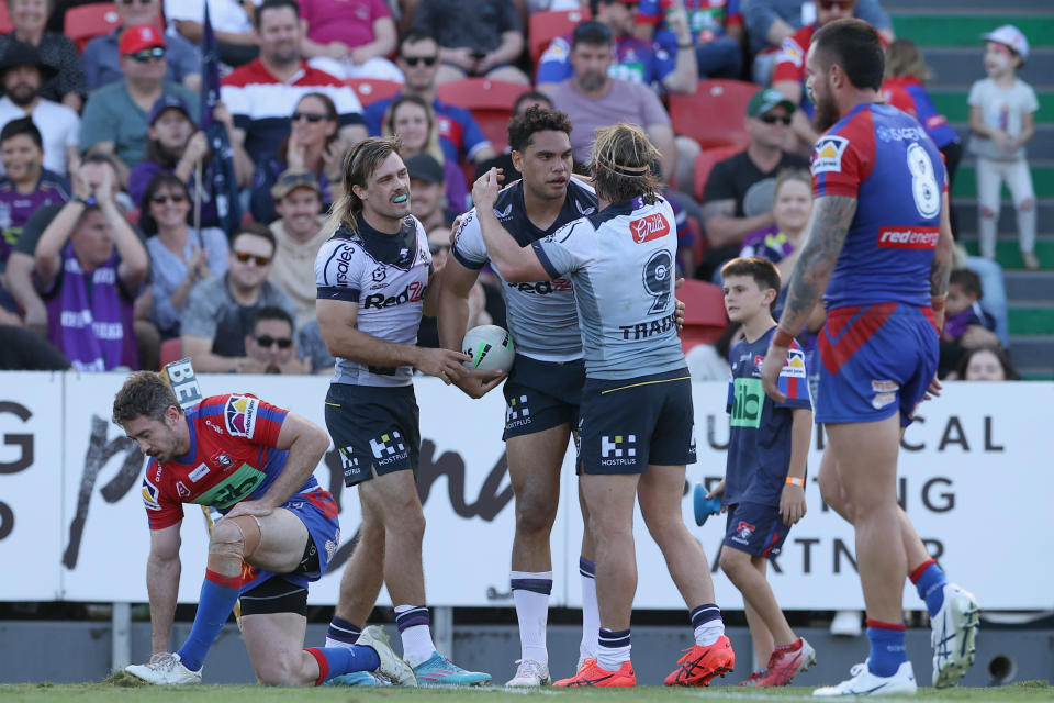 Xavier Coates, pictured here celebrating a try for the Storm against the Knights.